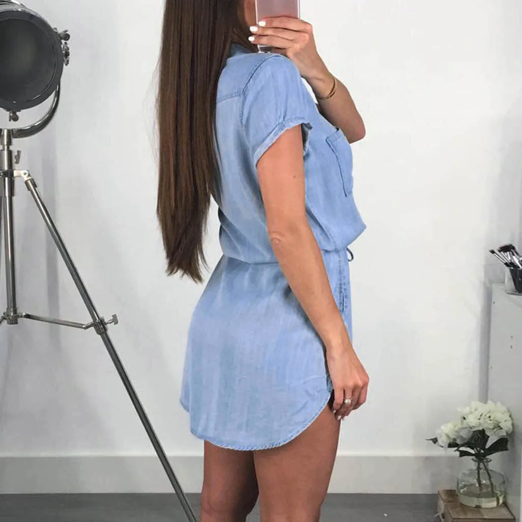 jeans dress blue dress Women Short Sleeve Shirt Dress Summer Casual Button Boyfriend Mini Dress kleider damen