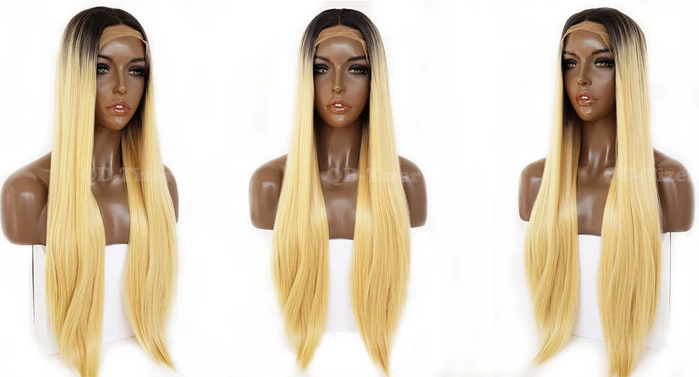 QD-Tizer BLonde Hair Wig Long Straight Synthetic Lace Front Wig Glueless Ombre Blonde Lace Front Wigs For Black Women 5