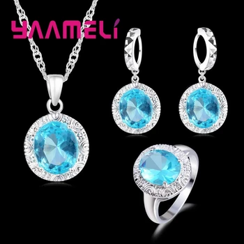 

Luxury Lake Blue Zircons Design Jewlry Sets Necklace+Earring+Ring 925 Sterling Silver For Women Wedding Engagment Gift