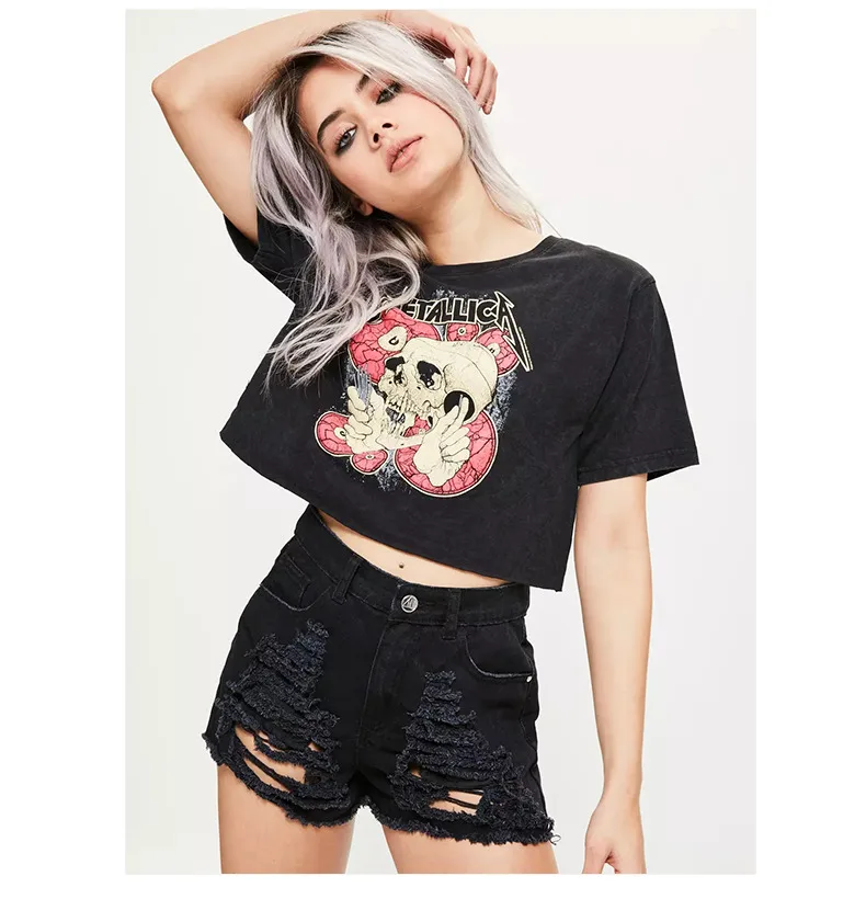 Black Short Sleeve Skeleton Printing Punk Street Rock Basic Tee Shirt Women Teenagers Girls