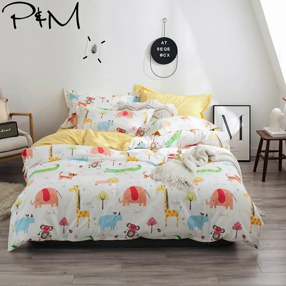 

2019 Giraffe Elephant Animal Cartoon Duvet Cover Set Twin Queen King Size Cotton Bedding Set Flat Sheet Bedlinens Bed Cover