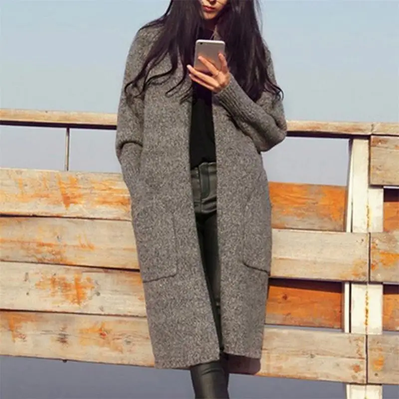 

2018 Autumn Women Open Stitch Pocket Decoration Fashion Thick Casual Long Keep Warm Loose Knit Sweater Puff Sleeve Cardigan Coat