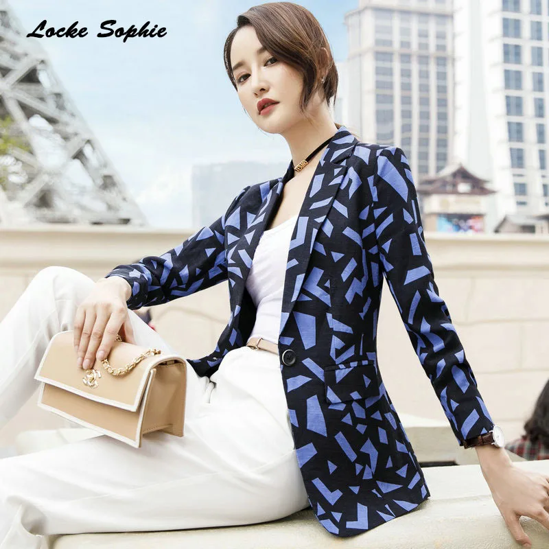 1pcs Women's Plus size Blazers coats 2019 Summer cotton Prints Single buckle Suits jackets ladies Skinny Blazers Suits coats