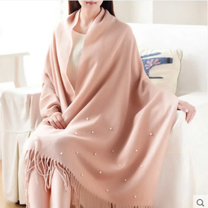 Модный шерстяной шарф для женщин, плотный теплый вязаный женский шарф, декорированные шали и перламутром - Цвет: Pink