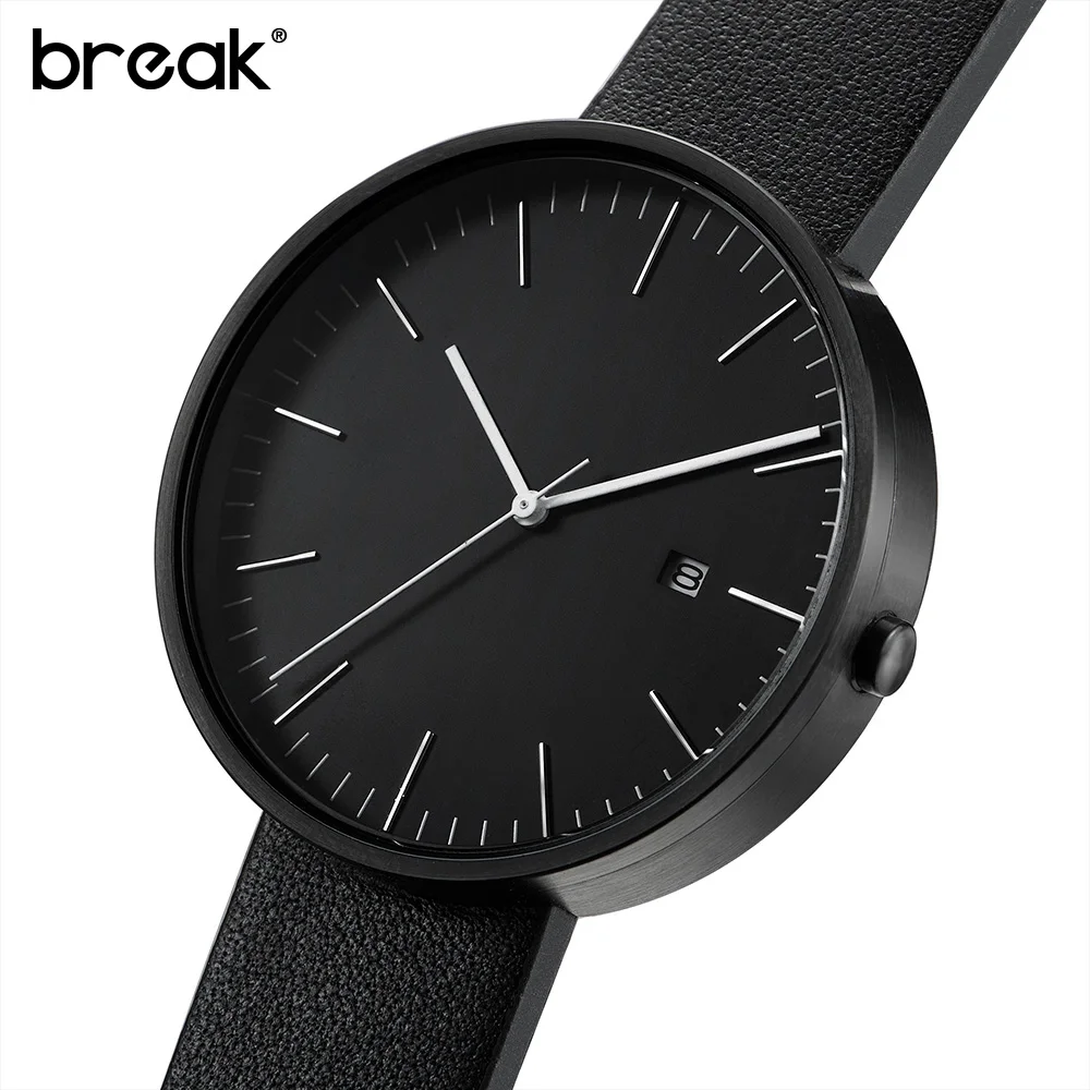 

BREAK Clock Women Unisex Genuine Leather Strap Minimalist Fashion Casual Business Quartz Wrist Watches For Men Relogio Feminino