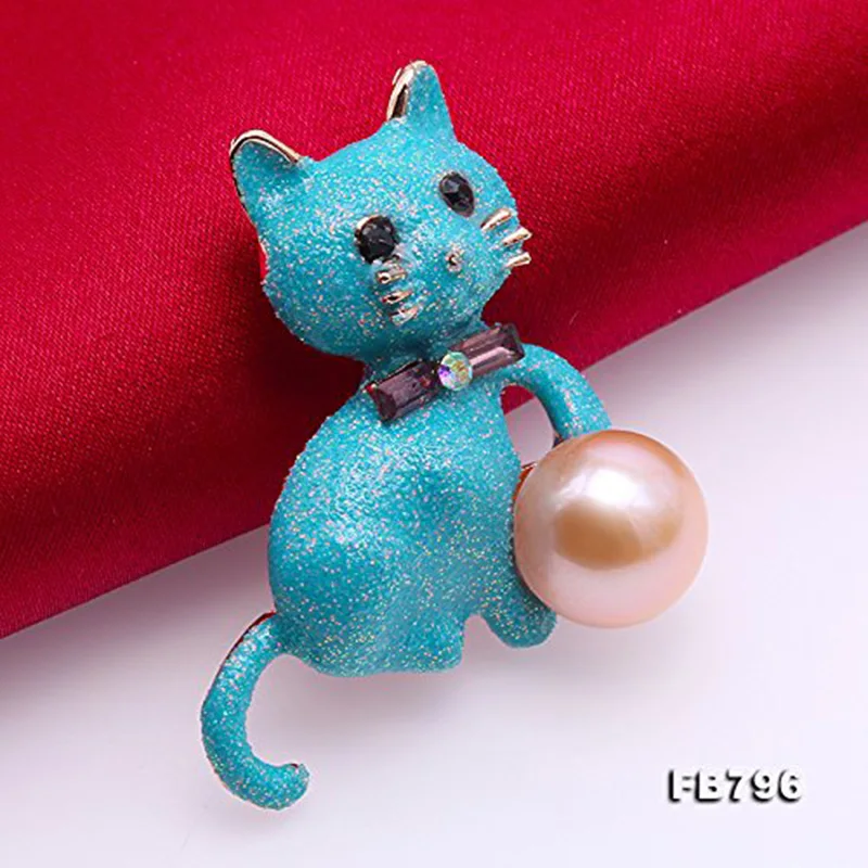 

JYX New Lovely Cat-shaped Brooches 10.5mm Pink Natural Freshwater Pearl Brooch women catty pin cute pin
