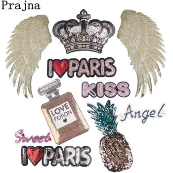 

Prajna Big Patches 3D Sticker Wing Letter Applique Crown Pineapple Shine Sequin Badge For Garment Kids Women DIY Clothes Jean
