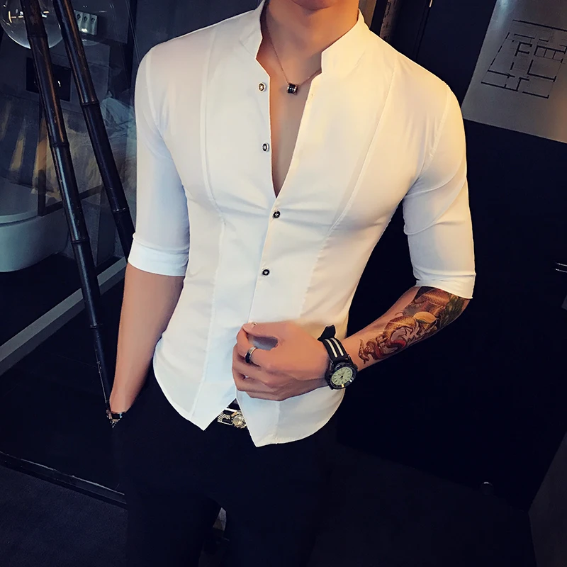 

2019 Stand Collar Chinese Shirt Men's Slim Clothes Men's Half Sleeve Summer Designer Club Social Luxury Shirt Camisa Masculina