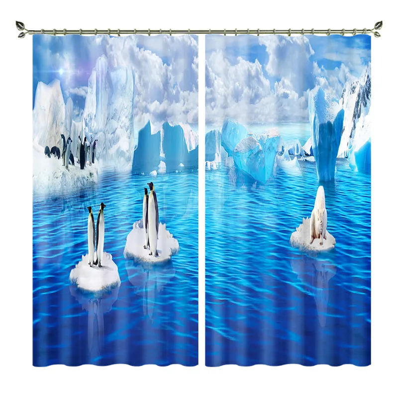 3D затемненные шторы Пингвин печать на синем море Гостиная занавески для спальни стереоскопические шторы включают 2 панели