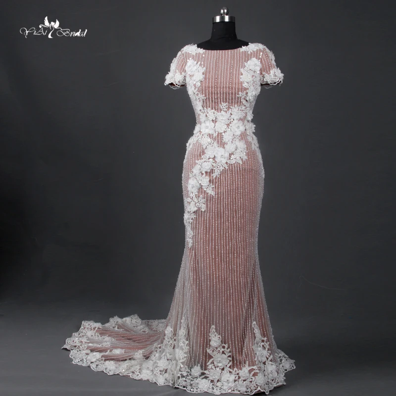 

TE007 Heavy Beading Mermaid Cap Sleeve Sexy V Back Latest Design Wedding Dress