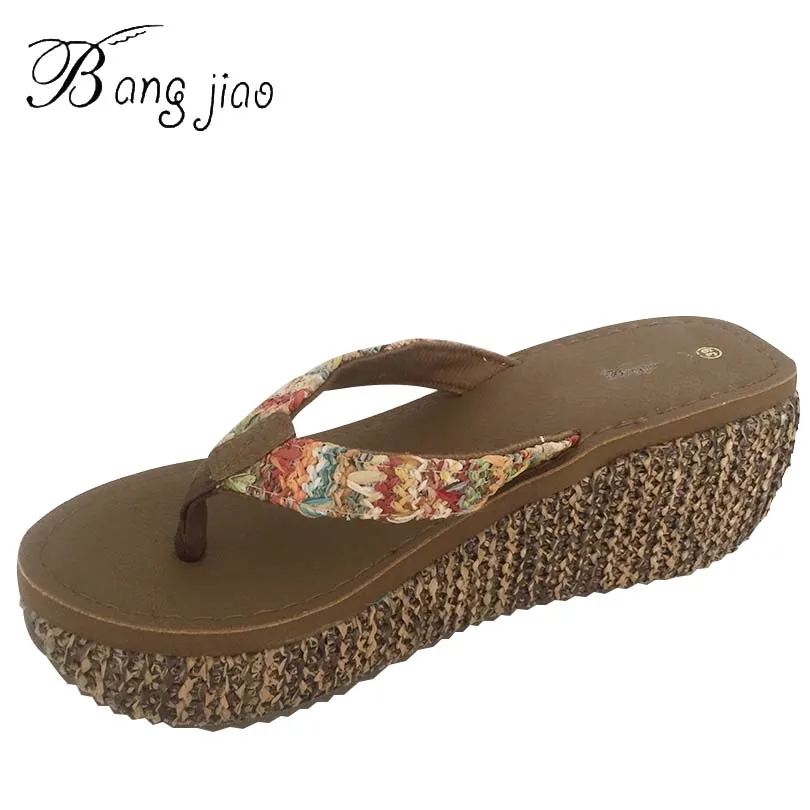 

2017 Cane Summer shoes Women Slippers High Thick Heel Women Sandals Platform Ladies Wedges Sandals Flip Flops Beach 3D10