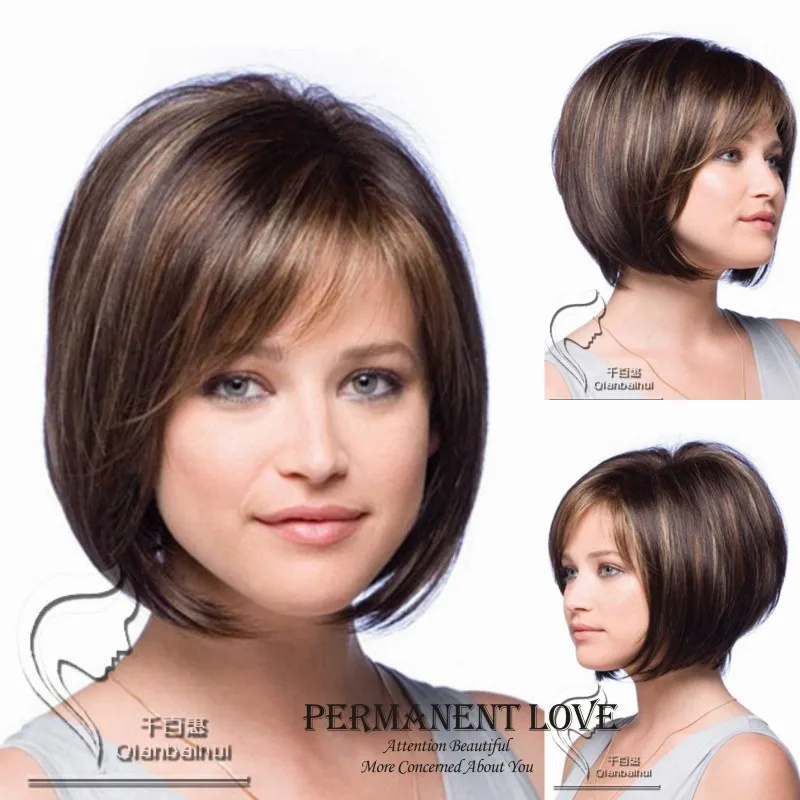 Brown hair blonde highlights straight short bob hair Wigs 2015 Heat  Resistant synthetic u part wig side bangs for Women perruque - AliExpress