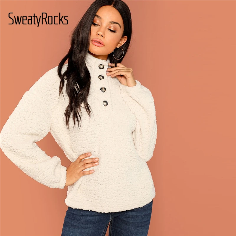 

SweatyRocks Beige Button Front Teddy Sweatshirt Half Placket High Neck 2018 Autumn Winter Casual Long Sleeve Women Sweatshirts