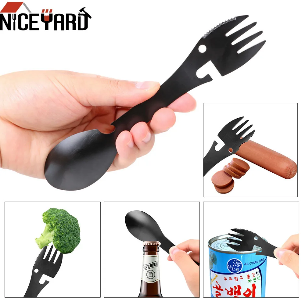 

NICEYARD Portable Outdoor Stainless Steel Multi-function Tourist Camping Fork Spoon Bottle Opener Can Opener Tableware