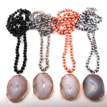 

Fashion Bohemian Jewelry Glass Crystal Long Knotted Gray Agat Pendant Necklaces For Women Necklace