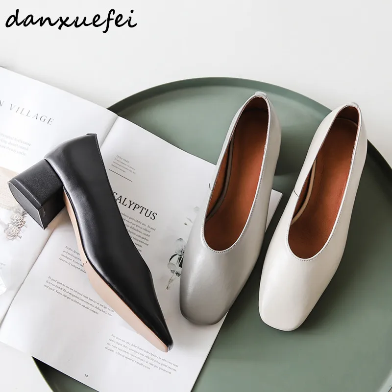 

Women's genuine leather med heel slip-on pumps square toe elegant ladies comfortable med heel dress shoes OL style party shoes