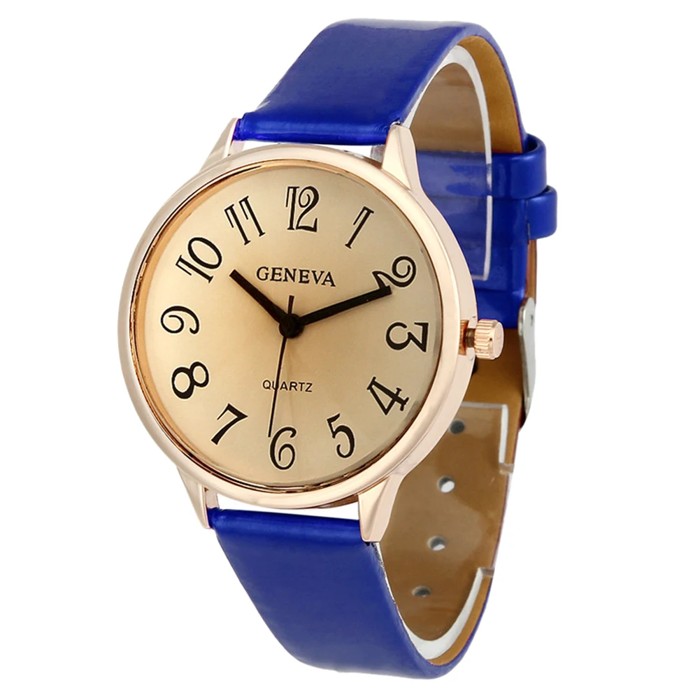 

YCYS-GENEVA Female Arabic numbers smooth Leather belt quartz Wrist Watch Blue