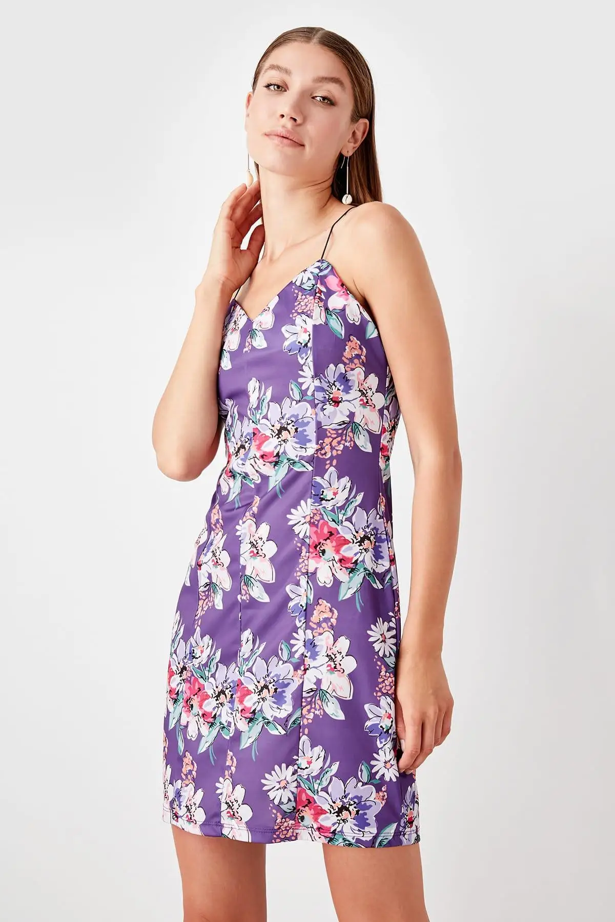 

Trendyol Purple Flower Patterned Knitted Dress TWOSS19EL0415