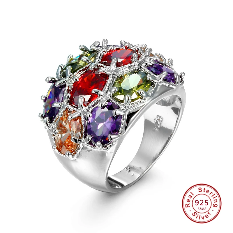 

2017 NEW Colorful Zircon Square Ring 925 silver Element Austrian Crystal Women Rings Jewelry anel feminino Gift bags Drop ship