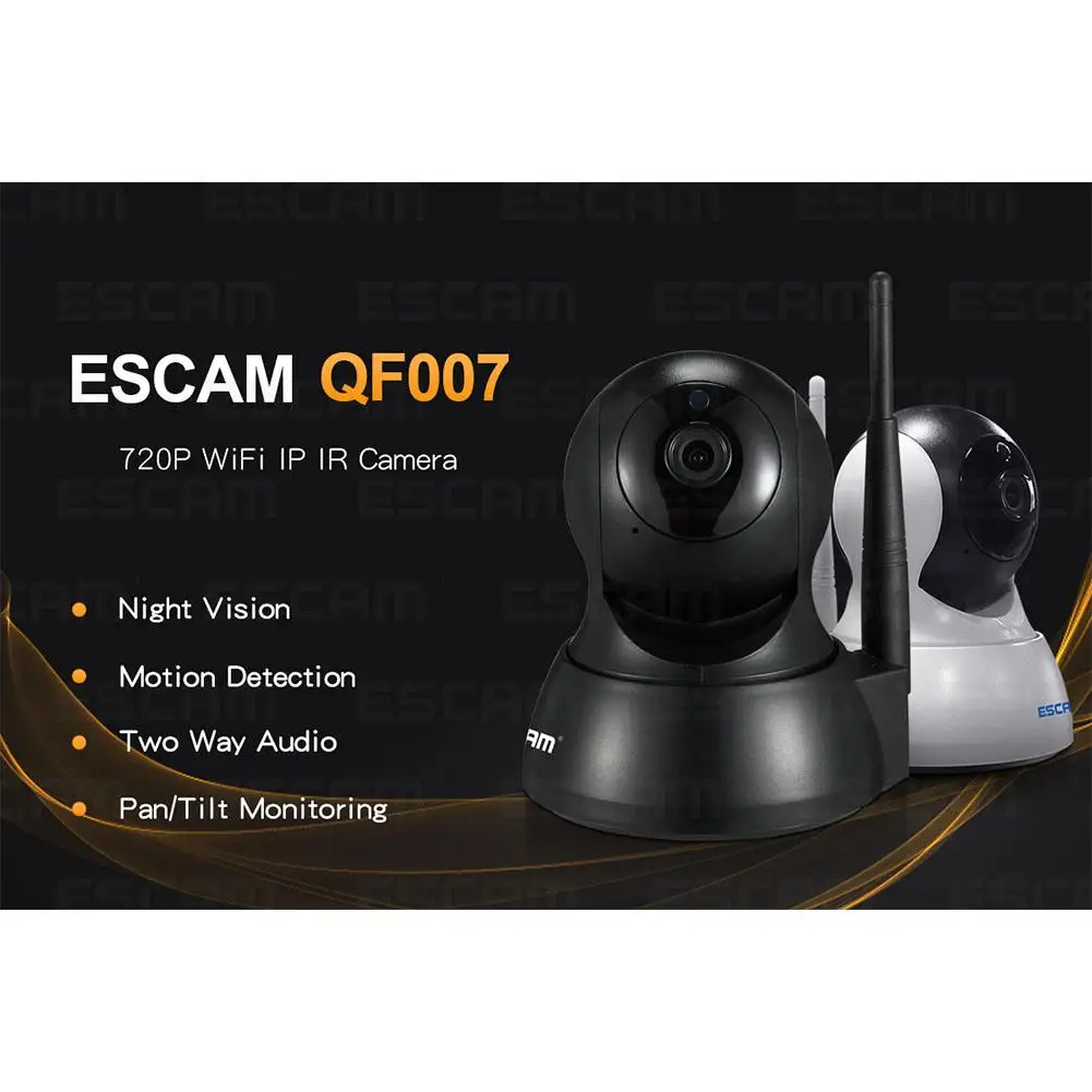 

ESCAM QF007 1MP 720P WiFi IR Alarm Pan/Tilt IP camera Support 64G TF CARD Night Vision Motion Detection Wireless IP Camera