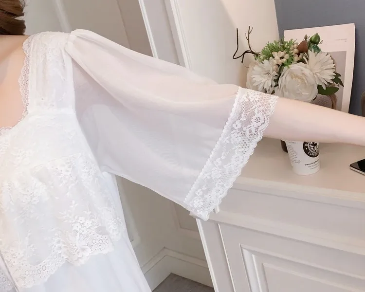 Летняя Модная белая ночная рубашка для женщин с коротким рукавом, милое кружевное домашнее платье принцессы, ночная рубашка