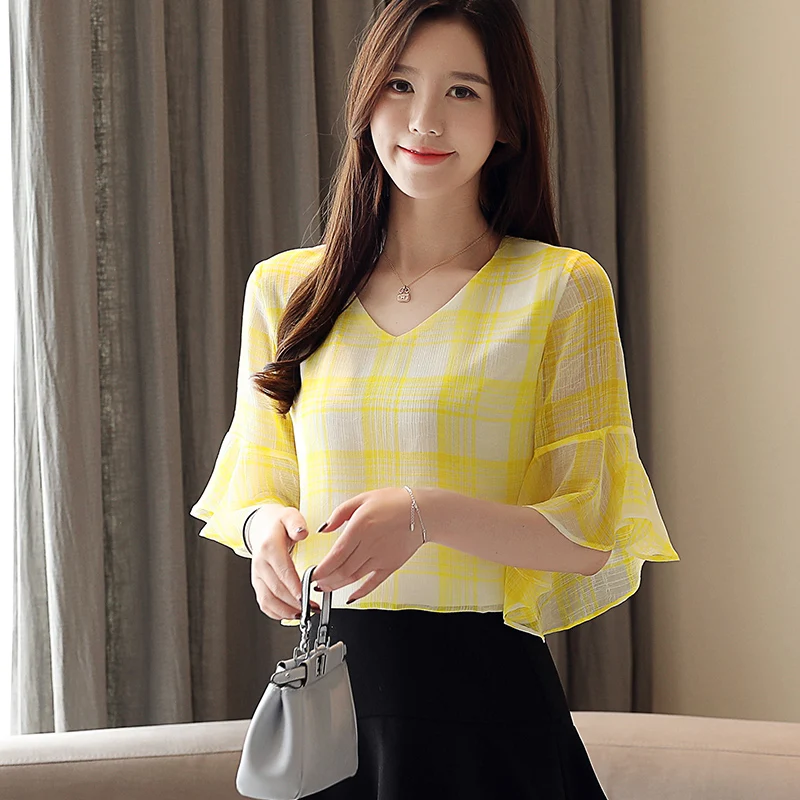 Dingaozlz مضيئة كم المرأة قميص جديد أزياء الصيف قمم الكورية الكشكشة بلوزة شيفون ملابس كاجوال Blusa