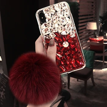 

Design Luxury Bling Crystal Diamond Rhinestone With Fur Ball Tassel Case Cover For iPhone11 pro max XS MAX XR 8 7 6Plus 5S Case
