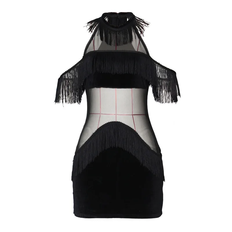 Сексуальное Сетчатое прозрачное Бархатное облегающее платье для женщин с круглым вырезом и открытыми плечами с кисточками элегантное мини-платье для вечеринок в ночном клубе Vestidos
