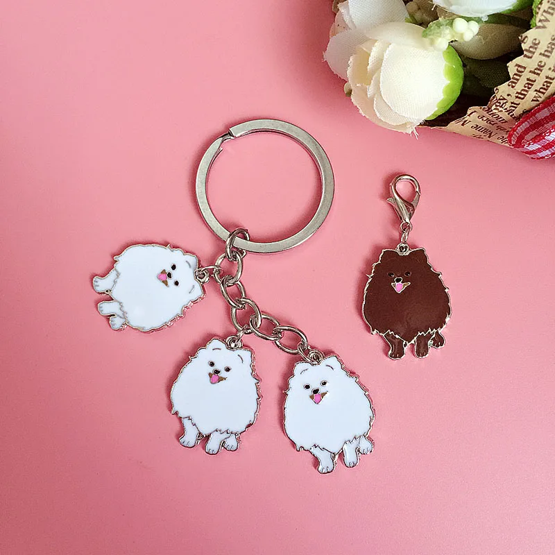 wholesale cheap white brown pomeranian pet keychain dogs charm key