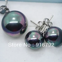 Черный блеск морские раковины жемчуг круглый 10 мм серьги 14 мм ожерелье n07