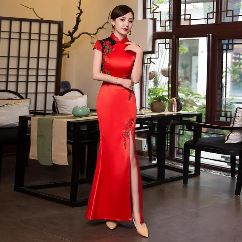 Сексуальное Зеленое Длинное Платье Чонсам; сезон весна-лето; традиционное платье в китайском стиле; женские тонкие вечерние платья с пуговицами; Vestido xs-xxxl - Цвет: Красный
