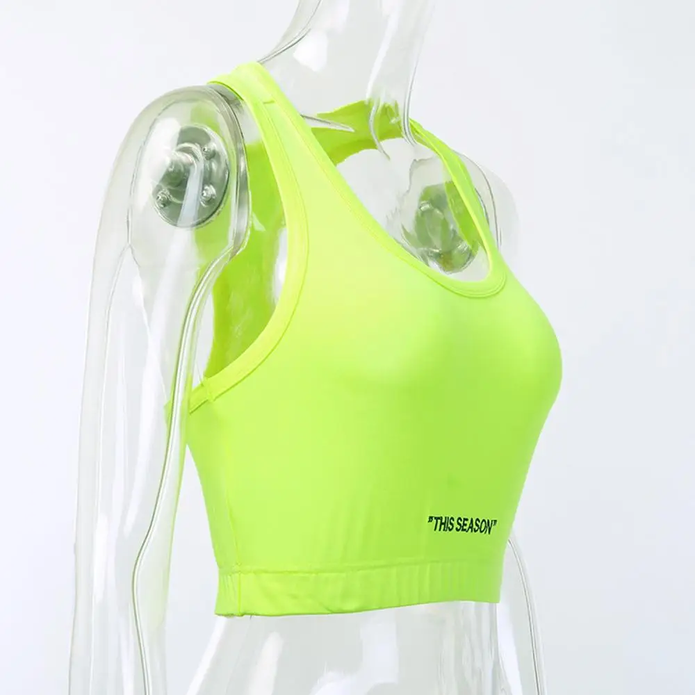 Неоновые зеленые женские топы без рукавов с надписью и открытой спиной, короткие тонкие топы для фитнеса, уличная одежда Новинка