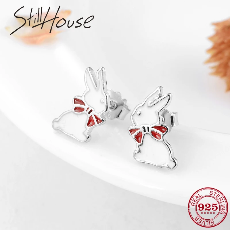 925 серьги из стерлингового серебра, красная эмаль, бантик, кролик, маленькие серьги-гвоздики для женщин, модный тренд, милые украшения для девочек