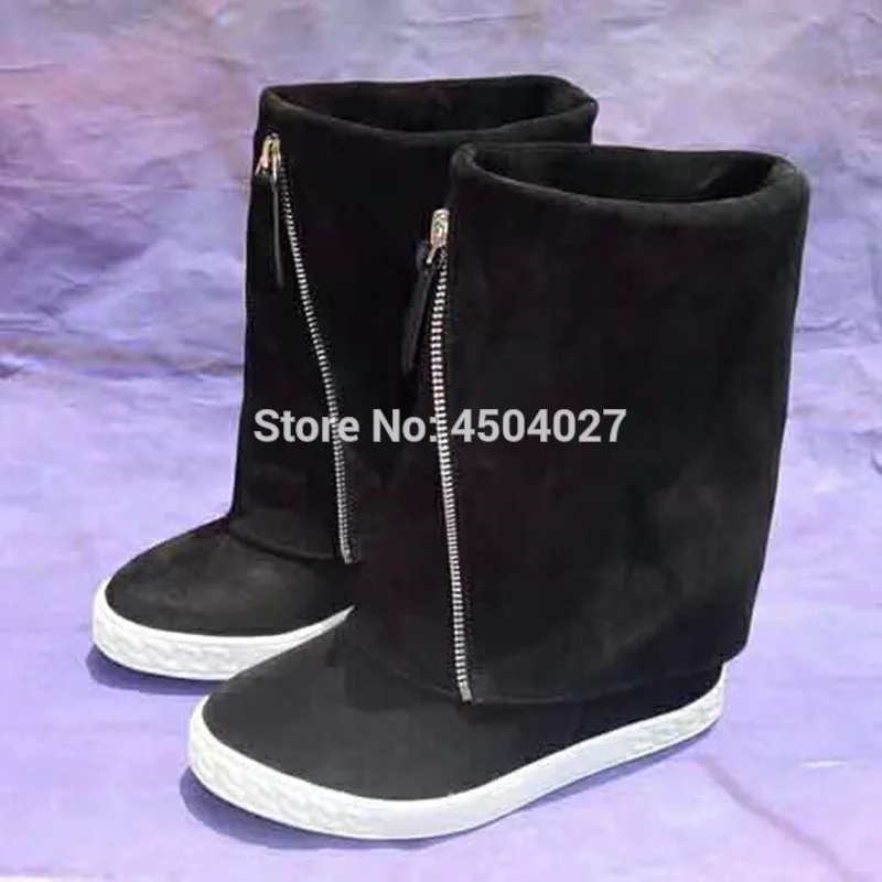 Fashion Women Front Zipper Round Toe Mid-Calf Boots Zip Height Increased Platform High Heels Wedge Boots Slip On