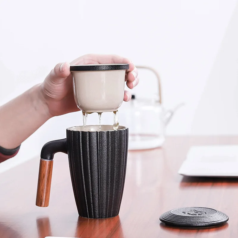 YeFine чайные чашки с заваркой чая, керамическая офисная кружка с фильтрами и крышкой, модные Дорожные Кружки с деревянной ручкой, чашки 300 мл