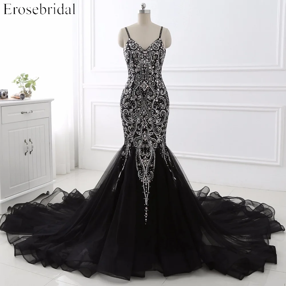 

Sexy Mermaid crystal Sequined Evening Dress Deep Backless V-Neck Sleeveless Open Back Sweep Train Formal Party Dress YY0011