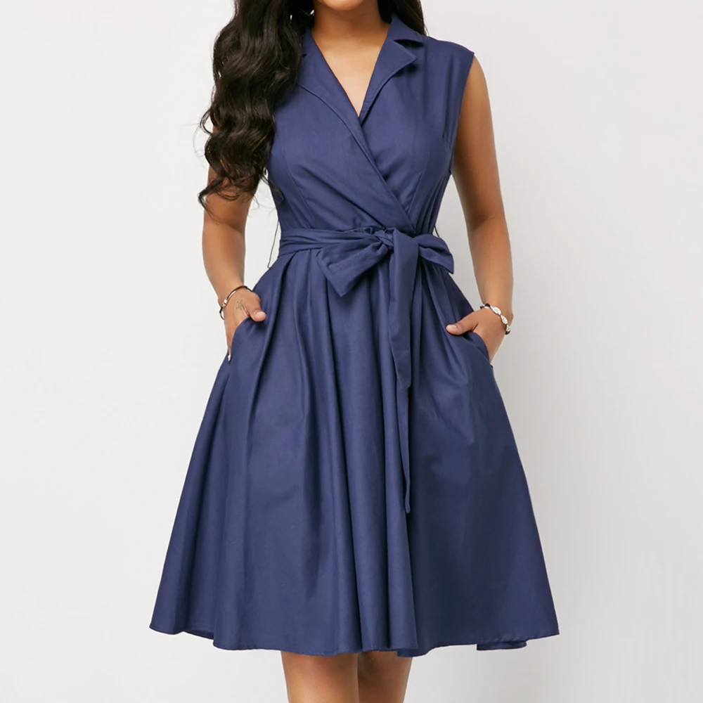 

Plus Size 2019 Women Sexy Sleeveless V-Neck Pockets Big Swing Slim Wraps Dress With Belt