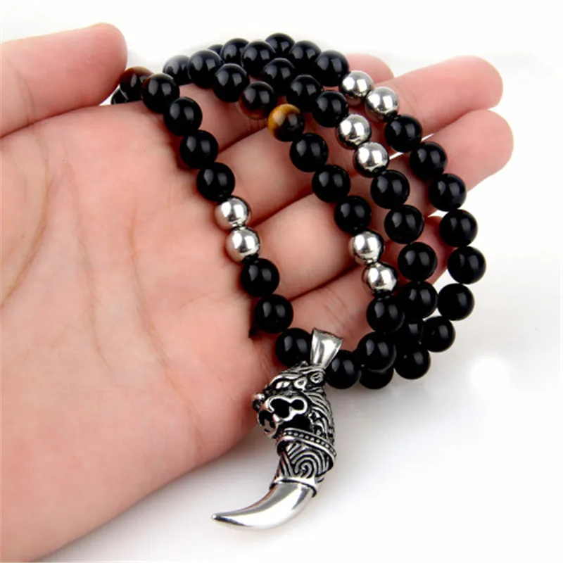 Punk Gothic Wolf Tooth Stainless Steel Pendants 8MM Black Stone Beads Statement Necklace Chain 26"