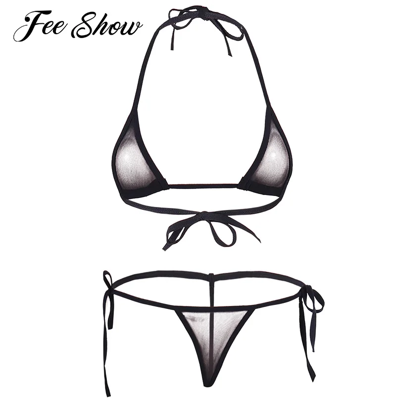

Women Sexy Micro Thong G-string Lingerie Mesh Halter Top Bra with Bottom Erotic Underwear See-through Bikini Beach Swimwear Set