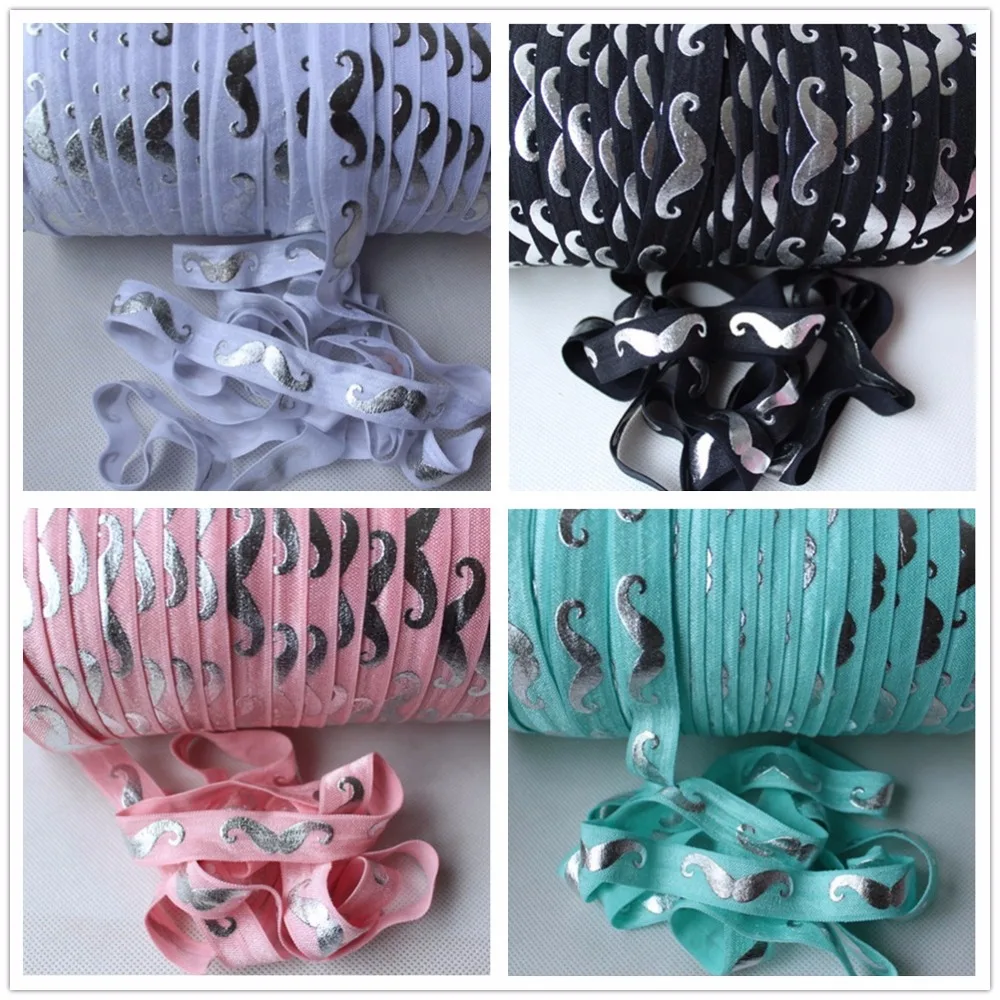

6 colors silver foil mustache pritned foe elastic 50 yards 100 yard5/8" Fold over elastic ribbon for hair accessories