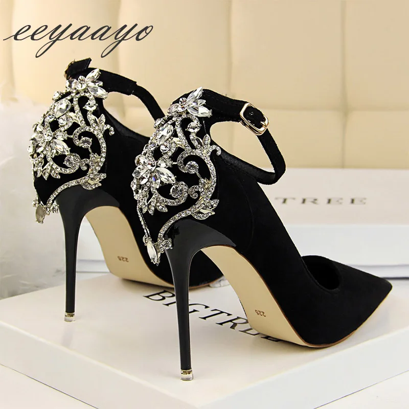 

2019 Spring/Autumn Women Pumps High Thin Heel Pointed Toe Buckle Crystal Elegant Bridal Wedding Women Shoes Black High Heels