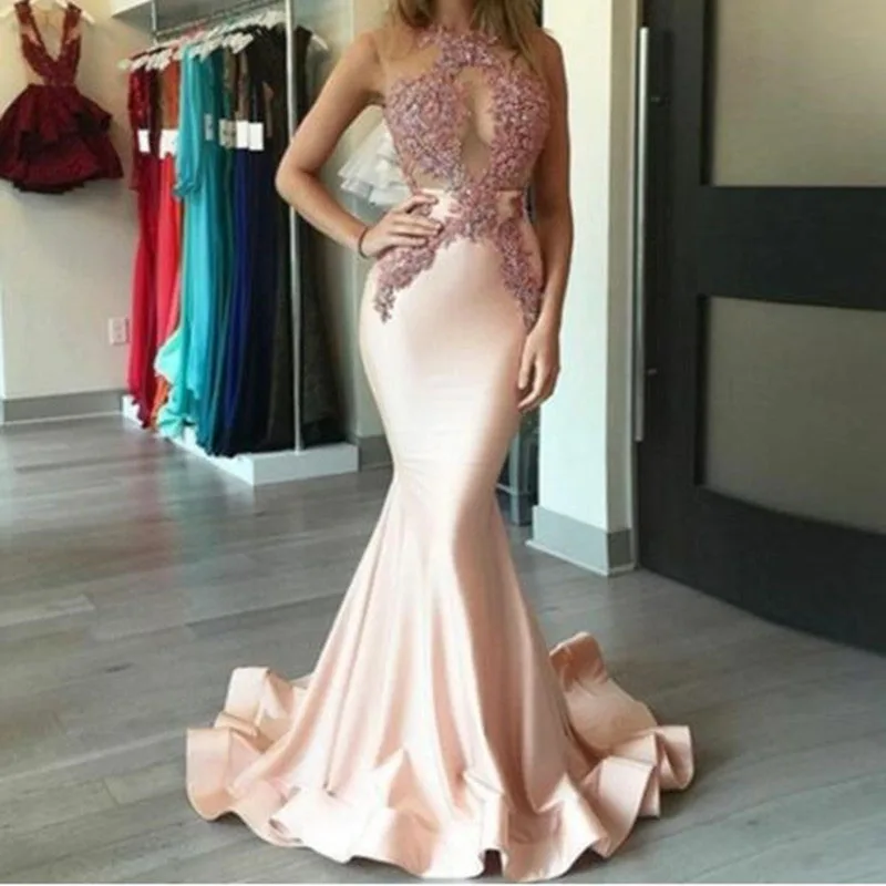 

New Elegant Applique Beaded Evening Party Dresses 2019 Pink Sexy Halter Mermaid Women Long Prom Gowns Custom Made Fashion