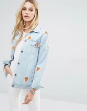 2017 Autumn Vogue Watermelon Embroidery Blue Denim Jacket Women Long SLeeve Lapel Washed Basic Coats