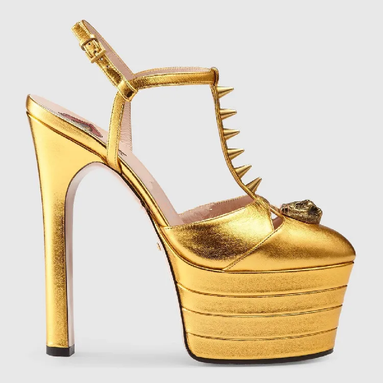 

Fashion T-strap 16cm Heels Platform Sandal for Woman 2018 Gold Leather Rivets Studded Buckle Strap Gladiator Shoe Sexy Sandal