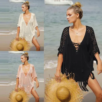 

Summer Holiday Women Sexy V Neck Crochet Vest Beach Wear Crop Top Tassel Beach Vest Beachwear Bathing Bather Suit