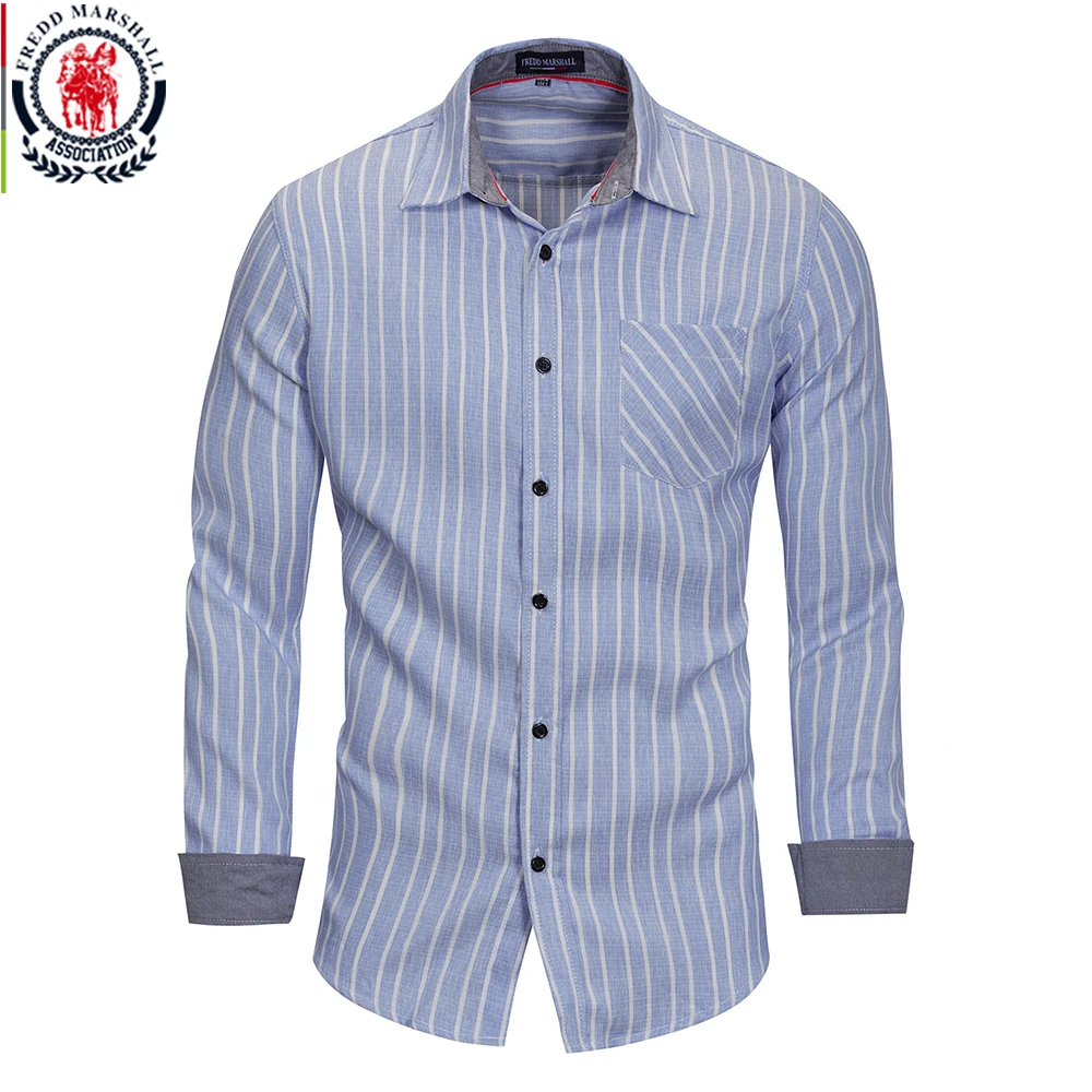 FREDD MARSHALL, новая мода, полосатая Мужская рубашка с принтом, хлопок, рубашка с длинным рукавом, Повседневная деловая рубашка FM165 - Цвет: 165 Sky Blue
