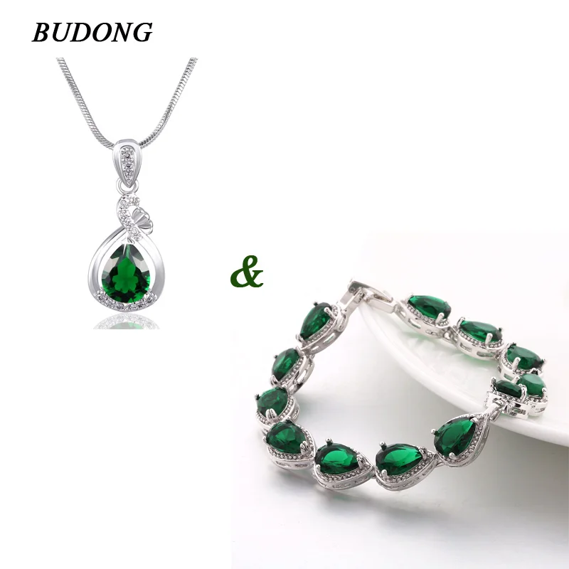 BUDONG Bracelet Necklace font b Luxury b font Green Waterdrop font b Crystal b font CZ