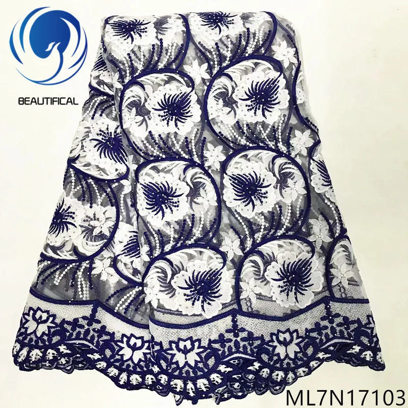 

Beautifical french lace fabrics 2019 New two-tone threaded embroidery tulle lace stones fabric 5yards french lace fabric ML7N171