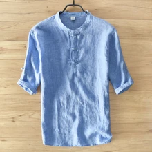 Итальянская Льняная мужская рубашка, однотонная небесно-голубая Мужская рубашка, дышащая тонкая рубашка с коротким рукавом, Мужская брендовая одежда, мужские повседневные рубашки camisa