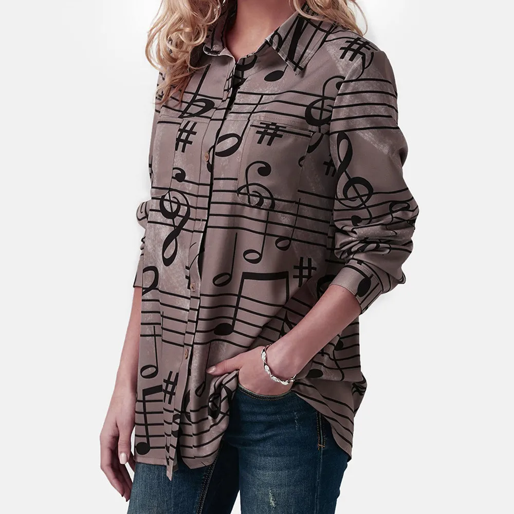 Women Musical Note Print Blouse Turn down Collar Long
